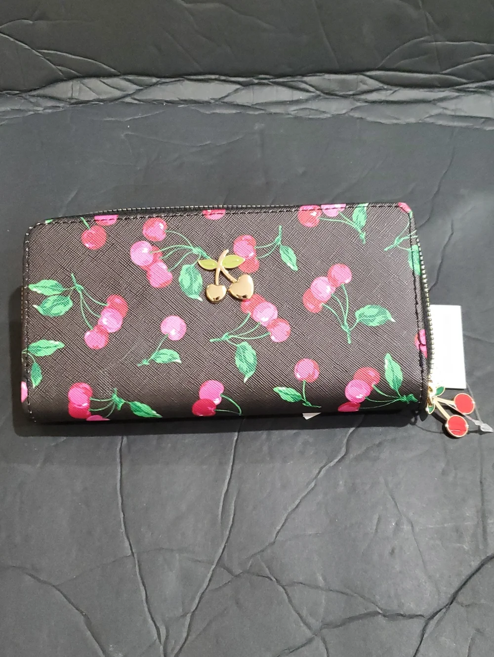 Black and pink cherry printed zip around long wallet with cherry charm brand new